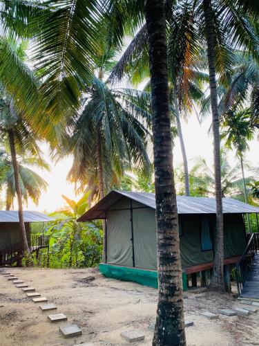 a tent on the beach next to palm trees at coconut camp udawalawe in Dematapelessa