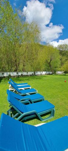 a group of blue lounge chairs in a field at Vila Silvana in Moieciu de Jos