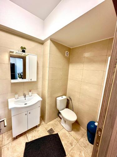 a bathroom with a white toilet and a sink at Summerland Seaview Apartments in Mamaia