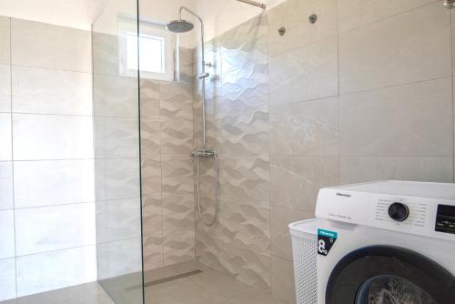 a shower in a bathroom with a washing machine at Ivano & Franko apartments in Kruševo