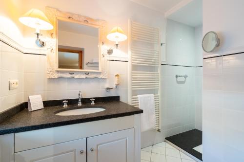 a bathroom with a sink and a shower at Le Vieux Moulin Weywertz in Butgenbach