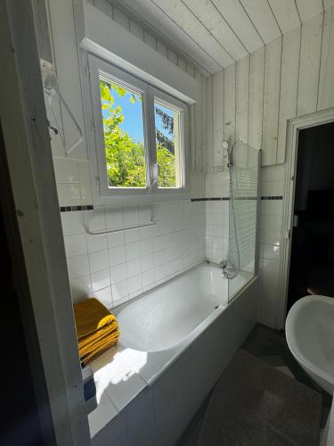 a bathroom with a tub and a sink and a window at CHALET Tout Confort Proche d AX 3 Domaines in Vèbre