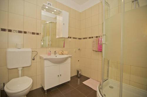 a bathroom with a toilet and a sink and a shower at Apartmani Vini in Hvar