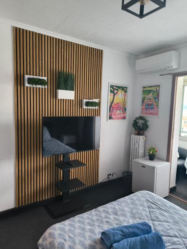 une chambre avec un lit et une télévision à écran plat dans l'établissement Les 2 Rives, à Toulon