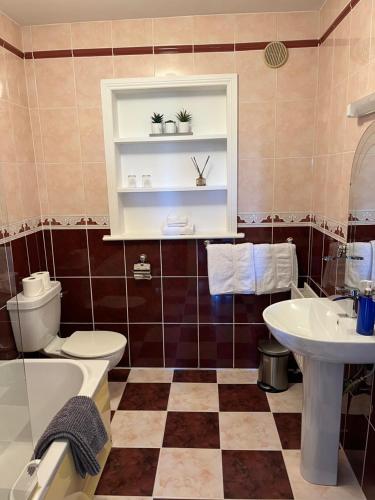 a bathroom with a toilet and a sink and a mirror at Knockaguilla House Bed & Breakfast in Doolin