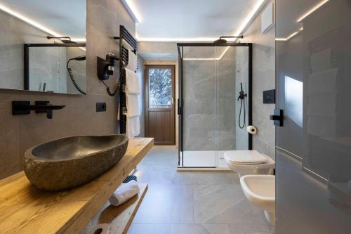 a bathroom with a large stone sink and a toilet at Hotel Miralago in Misurina