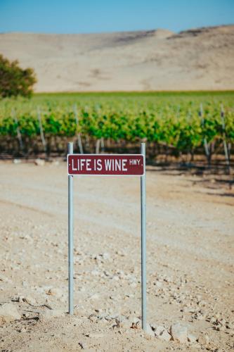 a sign that says life is wine way in front of a field at פטריוט -יקב ננה in Mitzpe Ramon