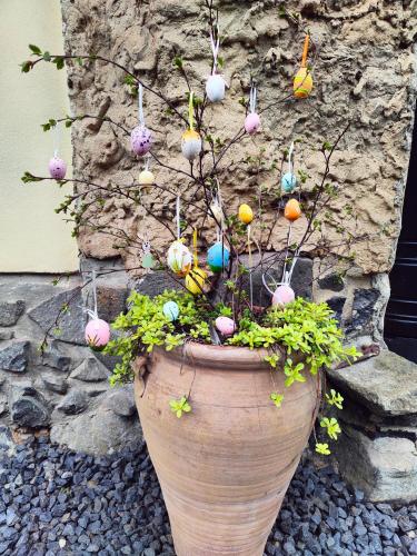 a potted plant with easter eggs on it at Bed and Breakfast Tvrz in Velká Bukovina