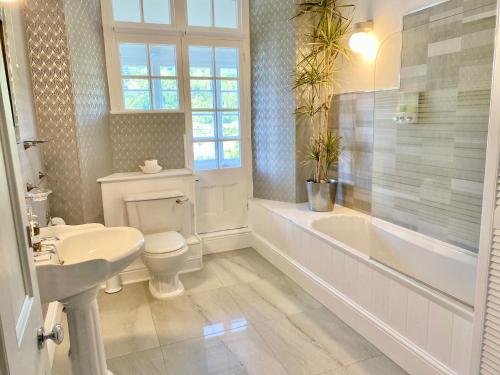 WE ARE UNIQUE ! 4 min walk to Beach, Pubs, Restaurants, Shops, Htd Pool, Hottub, Games rm, 1 acre Garden, BBQ, Stunning walks, Historic Bassets acre, 6 x 1-3 bedroom Superior aparts, Free Parking and WIFI في برتريث: حمام أبيض مع حوض ومرحاض ومغسلة