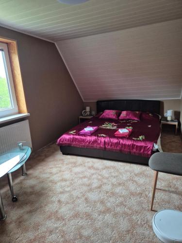 a bedroom with a pink bed in a attic at Dariaus ir Gireno 7 in Zarasai