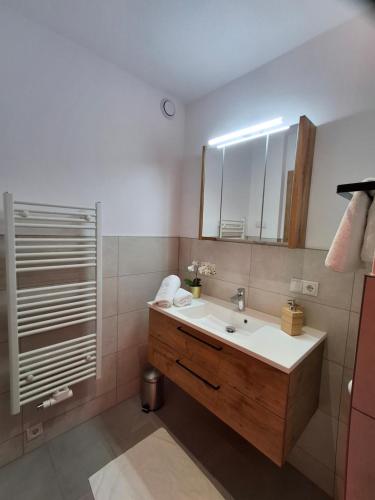 a bathroom with a sink and a mirror at Appartement Glücksschmiede im Zillertal in Stumm