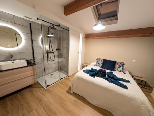 - une chambre avec une douche, un lit et un lavabo dans l'établissement Villa Evasion 10 pers Clim, à Saint-Martin-de-Londres