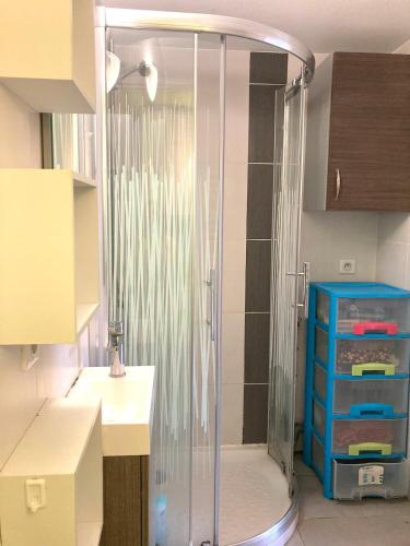 une douche avec une porte vitrée dans une salle de bain dans l'établissement House in private residence , beach and pool access, à Bretignolles-sur-Mer