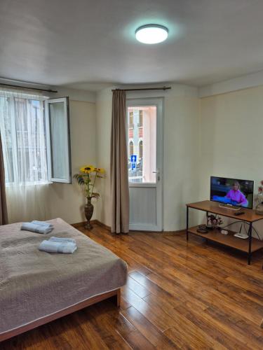 una camera da letto con un letto e una televisione di Apartment Giorgi Mazniasvhili a Batumi