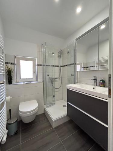 a bathroom with a shower and a toilet and a sink at Ferienwohnung am Uniklinik Lübeck in Lübeck