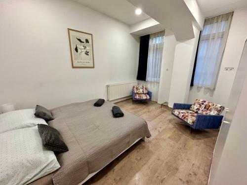 ペーチにあるStudio X Apartmanの大きなベッドと椅子のある寝室