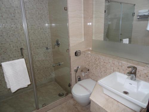 a bathroom with a shower and a toilet and a sink at Venizia Sarovar Portico in New Delhi