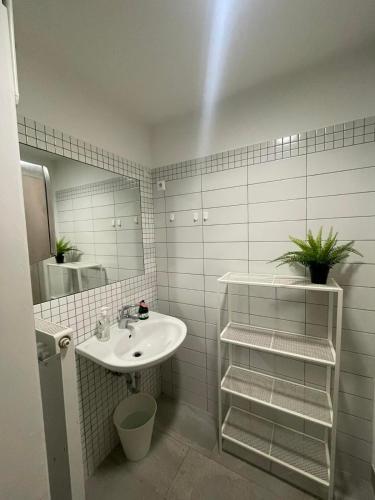 a white bathroom with a sink and a mirror at New Modern App in Ljubljana