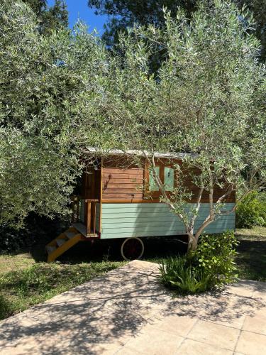 une petite maison assise à l'ombre d'un arbre dans l'établissement Marguerite a la campagne, à Agel