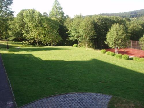 a large grassy yard with trees in the background at Hotel Čertův Mlýn, Špičák, Železná Ruda, Šumava in Špičák
