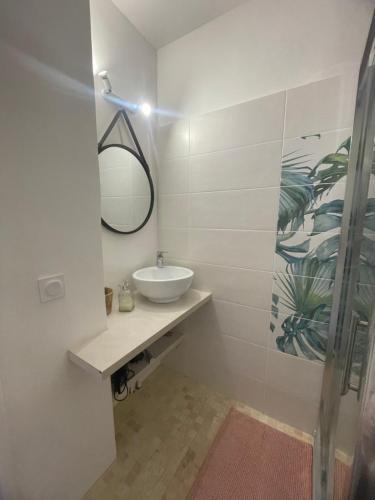 un baño con lavabo y espejo en Studio vieil Antibes et mezzanine proche de la mer, en Antibes