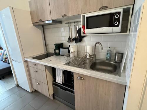 une petite cuisine avec un évier et un micro-ondes dans l'établissement Appartement climatisé Centre Ville Sète, à Sète