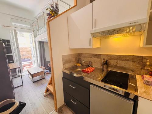 une cuisine avec un évier et une cuisinière four supérieur dans l'établissement Berlioz TERRASSE, à Nice