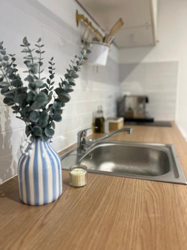 - un comptoir de cuisine avec un évier et un vase de fleurs dans l'établissement Studio Moderne & Cosy, à Montpellier