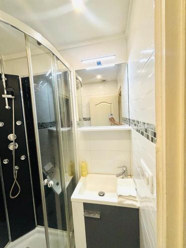 une salle de bain avec un lavabo et une douche dans l'établissement Berlioz TERRASSE, à Nice