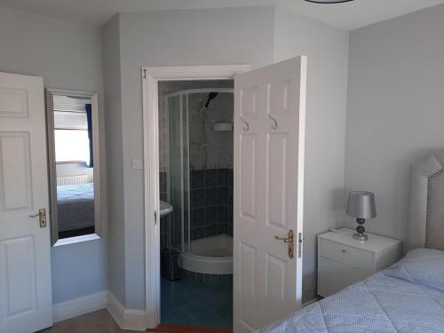 a bedroom with a bed and a bathroom with a shower at Peggy's Place in Swinford