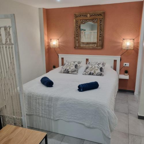 une chambre avec un lit avec deux oreillers bleus dessus dans l'établissement Spacious studio full of charm, recently updated, à Nice