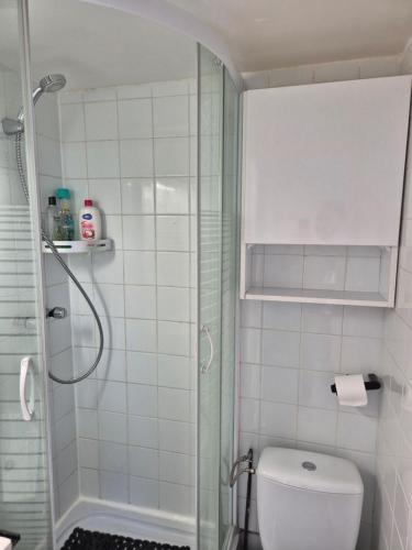 une salle de bain avec toilettes et douche en verre dans l'établissement Studio très calme, à Paris