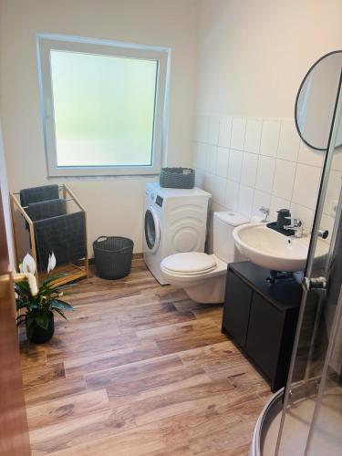 ObergünzburgにあるFerienwohnung Allgäuherzのトイレと洗面台のあるバスルーム