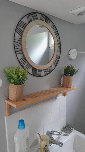 a mirror on a shelf above a bathroom sink at La halte verte in Nassogne