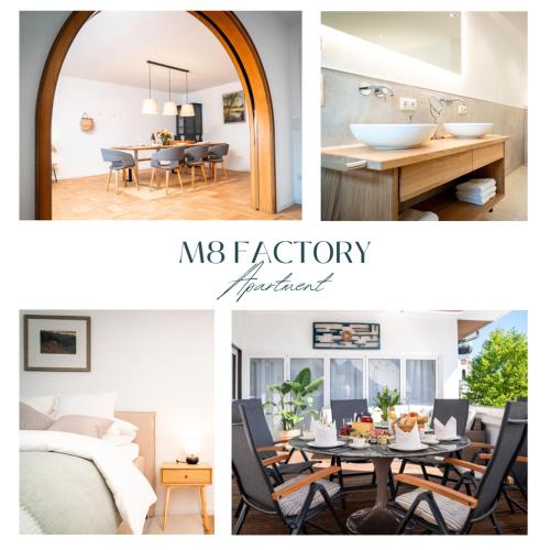 a collage of pictures of a dining room and a living room at M8 Apartment - Zentral und exklusiv auf 290 m2 in Sonthofen