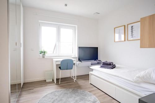 a bedroom with a bed and a desk with a tv at Wackenhuus 6 Albersdorf in Albersdorf