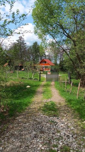 a dirt road in a field with a house in the background at La Pensiunea Pescaria lui Nelu in Ohaba-Sibişel