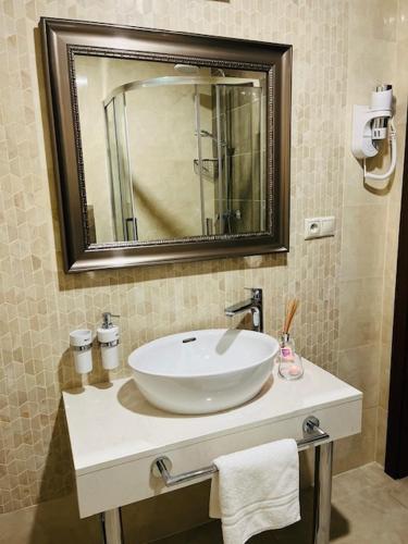 a bathroom with a white sink and a mirror at Kúpeľný mlyn Bojnice in Bojnice