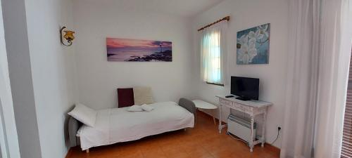 a bedroom with a bed and a desk with a television at Apartamentos Xoroi in Cala en Porter