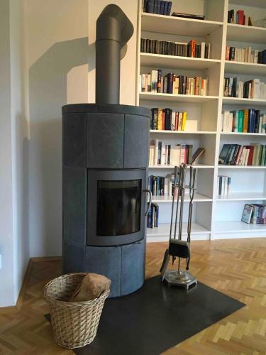 a fireplace in a living room with books at Großzügige individuelle Wohnung am Starnberger See in Münsing am Starnberger See