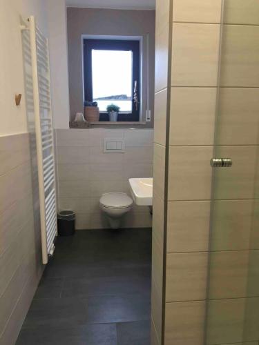 a bathroom with a toilet and a sink and a window at Großzügige individuelle Wohnung am Starnberger See in Münsing am Starnberger See