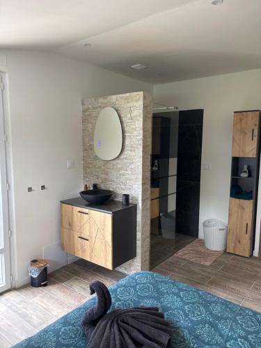 a bathroom with a sink and a mirror at La Champoternoise in Belval-sous-Châtillon