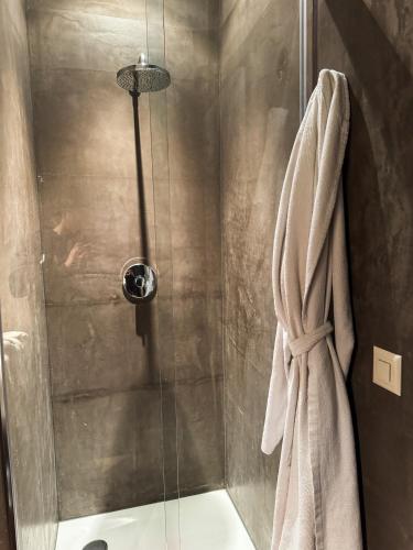a bathroom with a shower with a robe on the wall at Modernes Bergblick Apartment im Herzen von Andermatt Sonne & Terasse in Andermatt