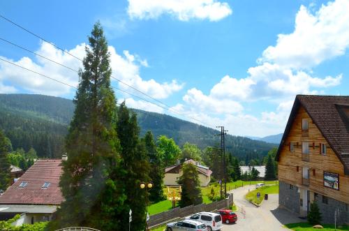 a view of a small village with a mountain at Penzion Pod Boubínem in Kubova Huť