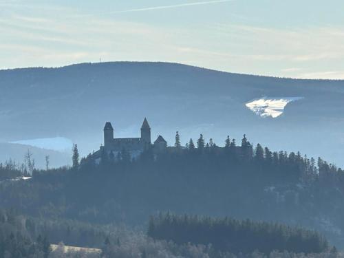 a castle on top of a hill with trees at Chalupy Albrechtice Šumava in Sušice