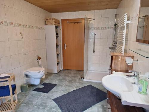a bathroom with a toilet and a sink and a shower at Ferienwohnung Familie Weißenbach in Elbigenalp