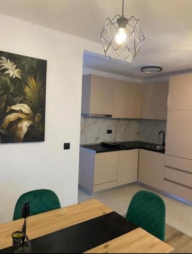 a kitchen with a wooden table and green chairs at Vila Ideal New in Donji Štoj