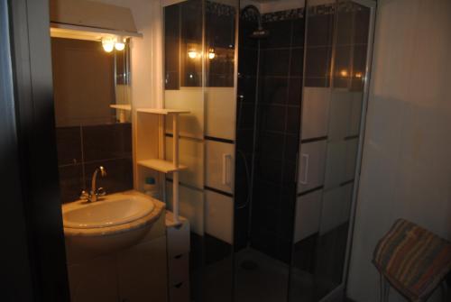 une petite salle de bain avec un lavabo et une douche dans l'établissement maison de campagne, à La Celle-sous-Gouzon