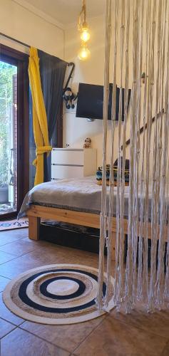 a bedroom with a bed with a net at Peace&love-sea studio in Poros