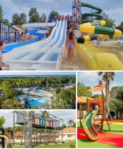 un collage de quatre photos d'un parc aquatique dans l'établissement Mobilhome 6 personnes domaine de la yole, à Vendres